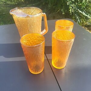 Jeanette Marigold Carnival Glass Pitcher And Glasses Vintage